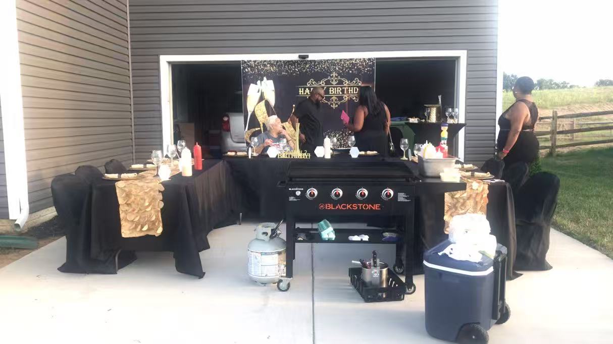 A1 birthday hibachi setup with grill and decorations